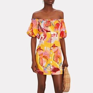 Farm Rio neon macaws or parrot yellow off-the-shoulder mini dress XL